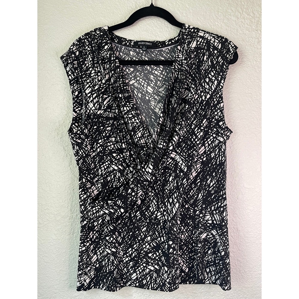 Ellen Tracy Blouse Top Sleeveless V-Neck Abstract Print Career Casual L